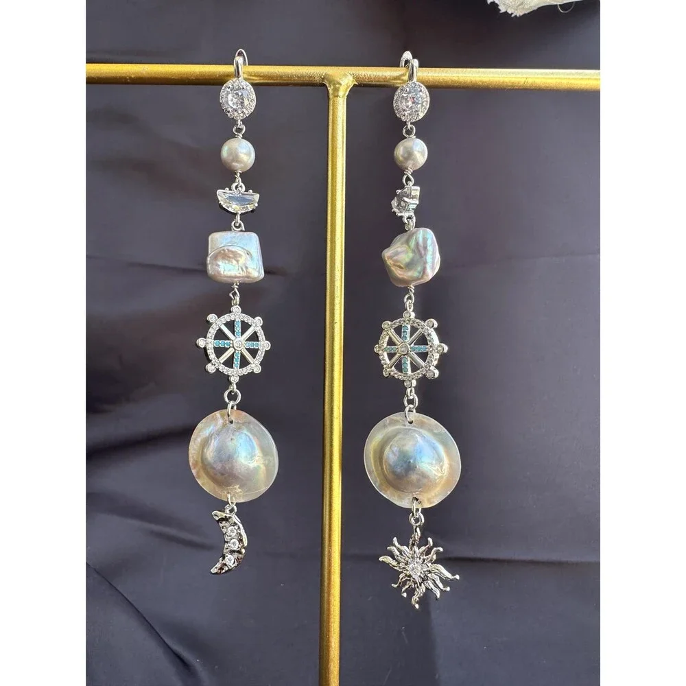 Extra Long Mabe Pearl Statement Earrings, Sea Gray Square & Round Pearls, Crysta
